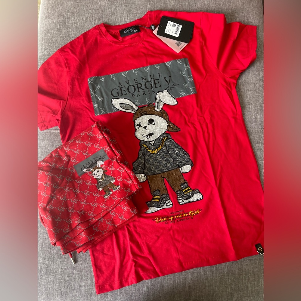 Avenue George V Paris Short Set Men's Red 2 piece set Rabbit Rhinestone Large - Picture 2 of 6